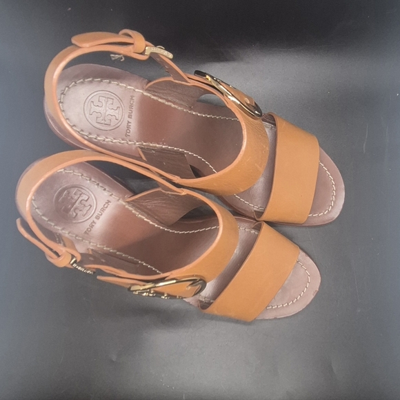 Tory Burch brown leather  block heeled sandles gold logo buckle wmns size 8 - Picture 2 of 14